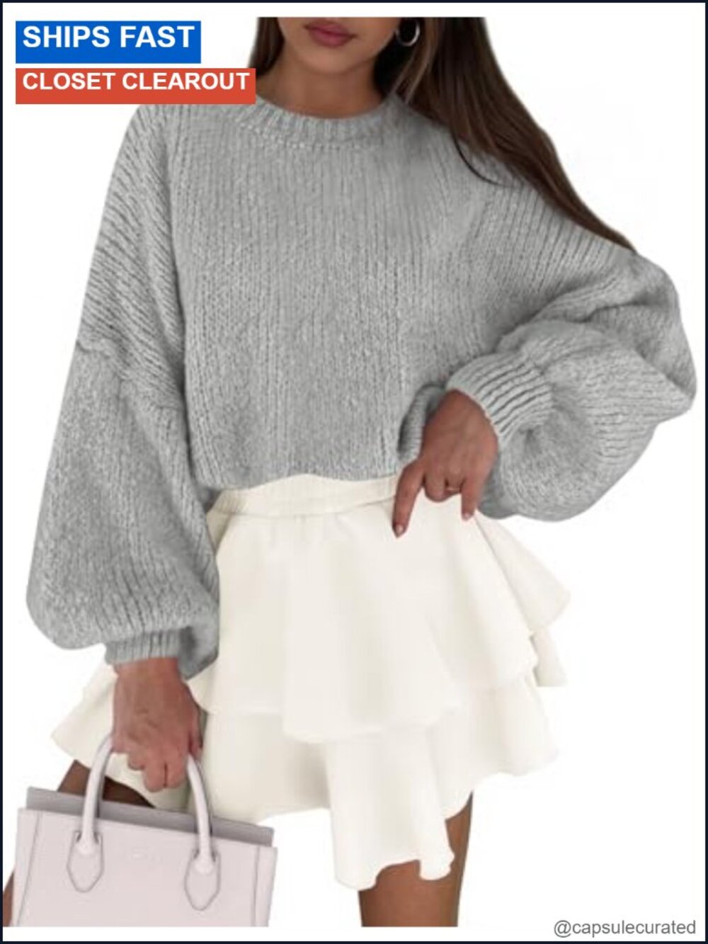 Chunky Knit Oversized Pullover Sweater Lantern Sleeve Crewneck
